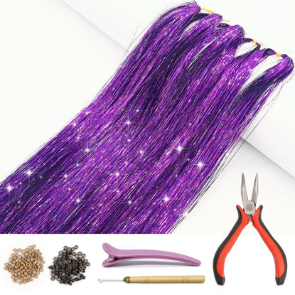 Picture of Hair Tinsel Kit with Tools and Instruction Easy to Use 1000 Strands 47 Inches Glitter Tinsel Hair Extensions for Women and Girls, Sparkling Shinny Fairy Hair Accessories for Christmas New Year Halloween Cosplay Party (Purple)