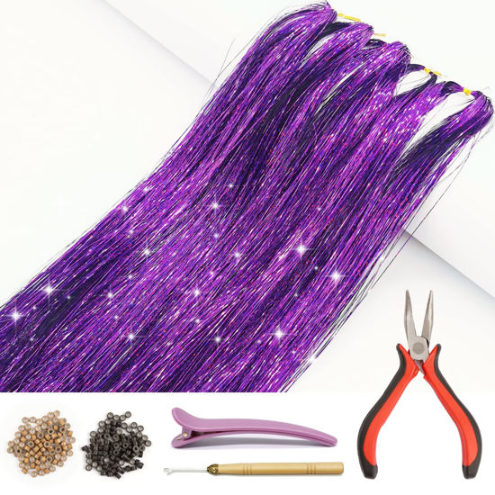 Picture of Hair Tinsel Kit with Tools and Instruction Easy to Use 1000 Strands 47 Inches Glitter Tinsel Hair Extensions for Women and Girls, Sparkling Shinny Fairy Hair Accessories for Christmas New Year Halloween Cosplay Party (Purple)