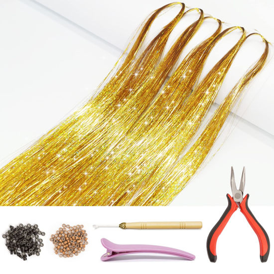 Picture of Hair Tinsel Kit with Tools and Instruction Easy to Use 1000 Strands 47 Inches Glitter Tinsel Hair Extensions for Women and Girls, Sparkling Shinny Fairy Hair Accessories for Christmas New Year Halloween Cosplay Party (Gold)