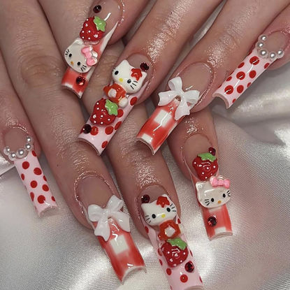 Picture of French Tips Press on Nails Long Coffin Fake Nails with Charms Strawberry Nail Charms Stick on Nails French Full Cover False Nails for Women and Girls 24Pcs French Press on Nails Strawberry Fake Nails