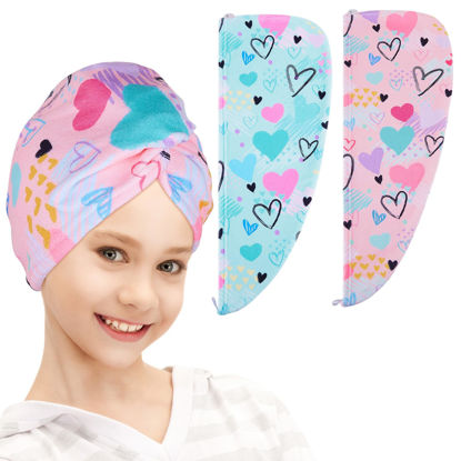 Picture of FIOBEE Microfiber Hair Towel Wrap for Kid Rapid Drying Towel Absorbent Hair Turbans for Wet Hair with Button Women Girls Long Curly Hair Pack of 2, Love