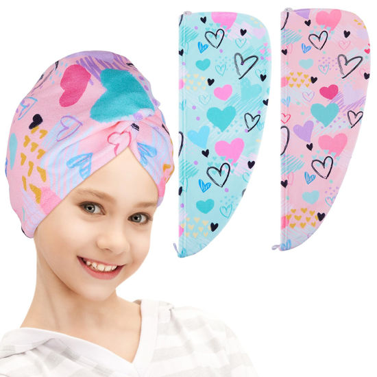 Picture of FIOBEE Microfiber Hair Towel Wrap for Kid Rapid Drying Towel Absorbent Hair Turbans for Wet Hair with Button Women Girls Long Curly Hair Pack of 2, Love