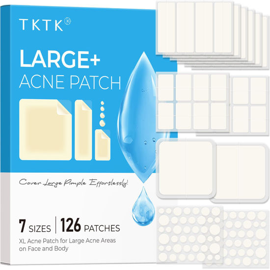 Picture of TKTK Large Pimple Patches for Face, 7 Sizes XL Acne Patches, Big Hydrocolloid Bandages for Body, Chin, Forehead, Chest, Back Zit Breakouts, Hydrocolloid Patch (Strip, Square, Dot 126 Count)