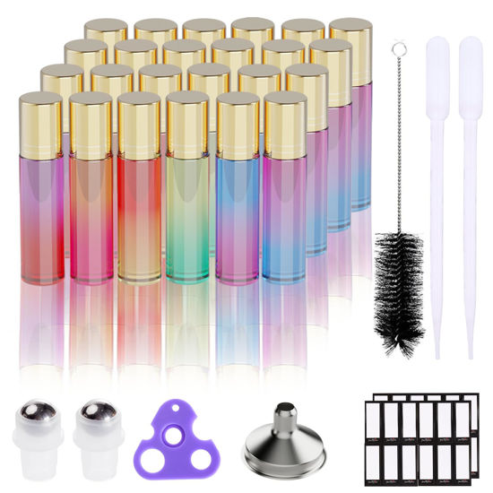 Picture of PrettyCare Roller Bottles For Oils 10 ml (Multicolor Glass, 24 Pack, 2 Extra Stainless Steel Balls, 2 droppers, 1 small brush, 24 Labels, 1 Opener, 1 Funnels Essential Oil Roller Bottles
