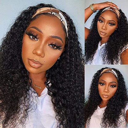 Picture of WENYAN Headband Wig Human Hair Deep Wave Wigs for Black Women Glueless None Lace Front Curly Wave Wig Brazilian Virgin Hair Wear and Go Wigs Machine Made 150% Density Wigs Natural Color10 Inch