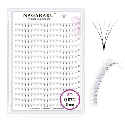 Picture of NAGARAKU Premade Fans Eyelash Extensions 320 Fans 5D Volume 0.07mm C curl 8mm Sharp Narrow Stem Clusters Thin Pointy Base Russian Pre Fanned Fluffy Matte Black