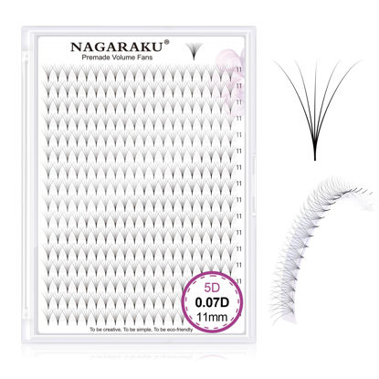 Picture of NAGARAKU Premade Fans Eyelash Extensions 320 Fans 5D Volume 0.07mm D curl 11mm Sharp Narrow Stem Clusters Thin Pointy Base Russian Pre Fanned Fluffy Matte Black