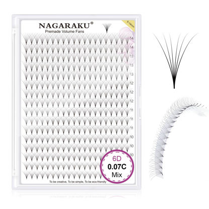 Picture of NAGARAKU Premade Fans Eyelash Extensions 320 Fans 6D Volume 0.07mm C Curl 9-14mm Mix Tray Sharp Narrow Stem Clusters Thin Pointy Base Russian Pre Fanned Volume Premade Lash Fluffy Matte Black