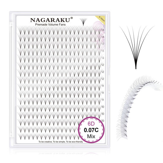 Picture of NAGARAKU Premade Fans Eyelash Extensions 320 Fans 6D Volume 0.07mm C Curl 9-14mm Mix Tray Sharp Narrow Stem Clusters Thin Pointy Base Russian Pre Fanned Volume Premade Lash Fluffy Matte Black