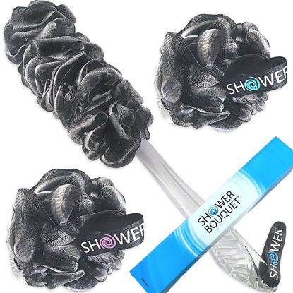 Picture of SHOWER BOUQUET Loofah-Charcoal Back-Scrubber & Bath-Sponge Set // 1 Long-Handle-Back-Brush Plus 2 Extra Large 75g Soft Mesh Loofa-Lufa-Loufa Puff Poufs, Men & Women - Exfoliate with Full Pure Cleanse