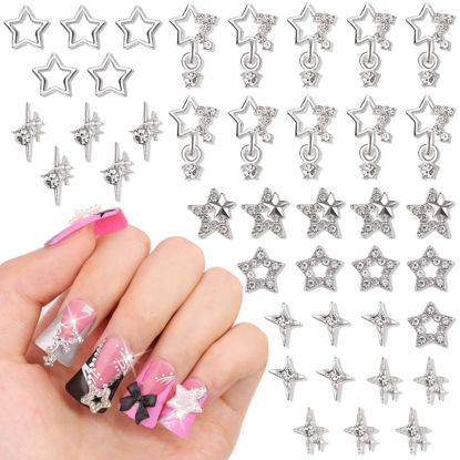 Picture of 40Pcs 7 Styles 3D Pentagram Nail Charms Set 1, Silver Shiny Luxury Star Gems, Crystal Diamond Jewels Studs with Rhinestones for Nail Design, Nail Art Decoration Set for Acrylic Nails