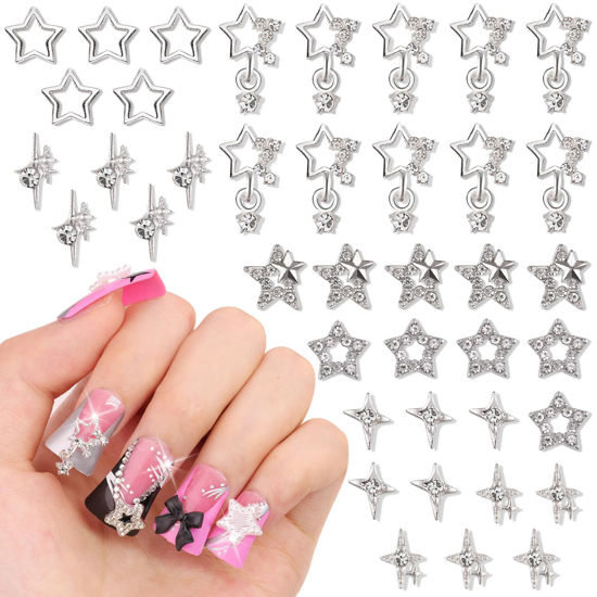 Picture of 40Pcs 7 Styles 3D Pentagram Nail Charms Set 1, Silver Shiny Luxury Star Gems, Crystal Diamond Jewels Studs with Rhinestones for Nail Design, Nail Art Decoration Set for Acrylic Nails