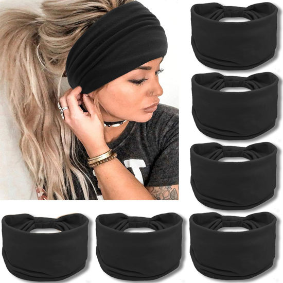 Picture of IVARYSS Wide Headbands for Women, Black Knotted Head Wraps Turbans, Large African Style Head Bands Hair Accessories, 6 Pack