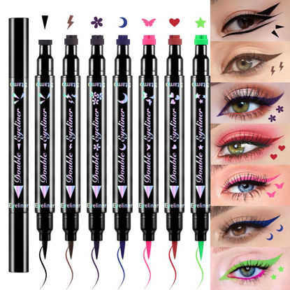 Picture of evpct 7Pcs Colored liquid Eye Liners Face Stamp Cosplay Gothic Makeup Set Kit for Beginners, Black Brown Purple Blue Red Pink Green Star Flowers Heart Moon Triangle Lightning Butterfly Stamps Eyeliner