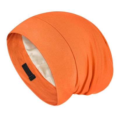 Picture of Fittia Satin Hair Bonnet for Sleeping, Silky No Frizzy for Curls Care, Adjustable Strap for Non-Slip, Dreadlocks Cap for Women&Men Orange