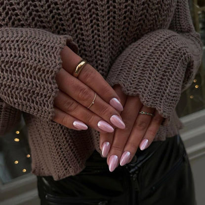Picture of Light Pink Chrome Press on Nails Medium Almond, KQueenest Iridescent Stiletto Fake Acrylic Nails With Mirror Effect, Pearlescent Glue on Nails False Nails Press ons for Daily Wear