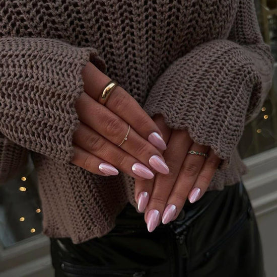 Picture of Light Pink Chrome Press on Nails Medium Almond, KQueenest Iridescent Stiletto Fake Acrylic Nails With Mirror Effect, Pearlescent Glue on Nails False Nails Press ons for Daily Wear