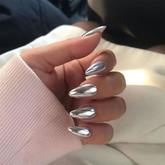 Picture of White Sliver Chrome Press on Nails Medium Almond, KQueenest Mirror Metal Stiletto Fake Acrylic Nails with Bling Design, Reusable Glue on Nails for Daily Party Wear, False Nails Press ons in24 PCS