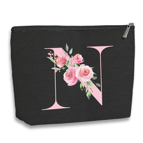 Picture of kdxpbpz A-Z Personalized Cosmetic Bag Monogrammed Makeup Bags Bridesmaid Gifts Custom Toiletry Pouch Gifts for Women Mom Best Friend Sister Bride Bridesmaid (N)