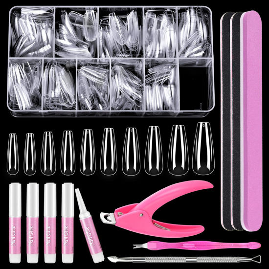 Picture of MORGLES Full Cover Coffin Nail Tips Set, 500 Pcs Clear Press On Nails, with Glue, Clipper, Files, Cuticle Pusher and Fork for Salons and Home DIY with Box