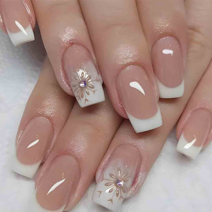 Picture of Foccna Nude Fake Nails Tips Square French Press on Nails Rhinestone Women's White False Nails Medium Length Glossy Daily Wear Artificail Nails for Nail Art Manicure Decoration 24pcs