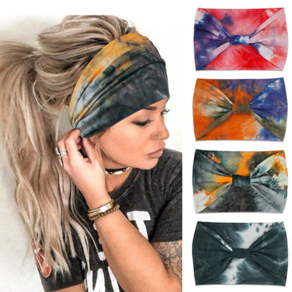 Picture of YONUF Wide Headbands For Women Knotted Headband African Women’s Head Wraps Stretchy Turban Hair Accessories Bands Tie Dye 4 Pack