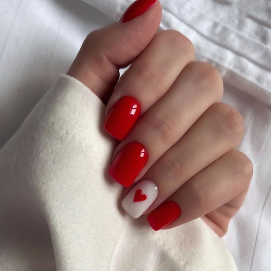 Picture of Red Valentine’s Day Press on Nails Short Square Fake Nails Red Hearts False Nails with Designs Glossy Finish Valentines Artificial Nails Cute Heart Glue on Nails for Women Manicure DIY 24Pcs
