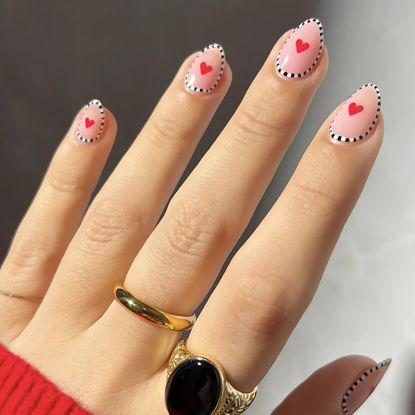 Picture of Pink Valentine's Day Press on Nails Cute Heart Fake Nails Short Almond Glossy Pink Color Glue on Nails Red Small Hearts Stick on Nails Valentines Acrylic False Nail Tips for Women DIY Manicure Decor