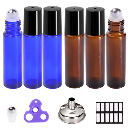 Picture of PrettyCare Roller Bottles For Oils 10 ml (Amber Glass and Blue Glass, 6 Pack, 1 Extra Stainless Steel Balls, 12 Labels, 1 Opener, 1 Funnels Essential Oil Roller Bottles, Roller on Bottles