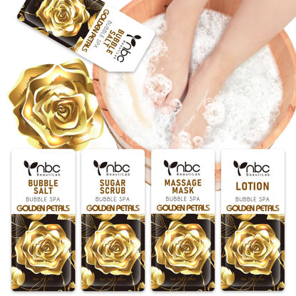 Picture of nbc BeautiLab Pedicure Kit Foot Soak Set: Bubble Salt, Sugar Scrub, Massage Mask, Massage Lotion in a Box, 4 Step Foot Spa Kit for Dry Feet,Tired Feet (1 Set Golden Petals)