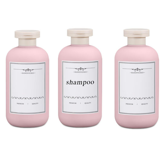 Picture of UMETASS Travel Shampoo Bottle, Empty Plastic Squeeze Bottles 10oz with Flip Cap, Lotion Container for Toiletries Travel Size Shampoo and Conditioner (3 pack pink)