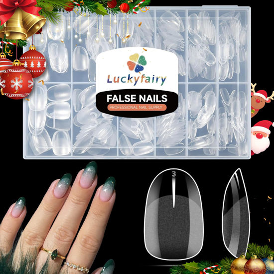 Picture of Luckyfairy Short Almond Oval Nail Tips Pre-shaped 360Pcs Soft Gel Full Cover Half Matte Clear Oval Gel Nail Tips Round Oval for Nail Extensions Long Lasting Acrylic Press on Nails DIY Nails 12 Sizes