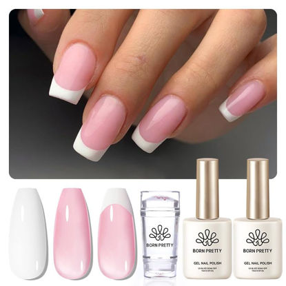 Picture of Born Pretty French Manicure Kit,Nail Stamper and 2Pcs Gel Nail Polish,Include Jelly Sheer Pink White Colors for French Tip