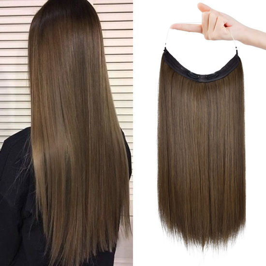 Picture of REECHO Invisible Wire Hair Extensions with Transparent Headband Adjustable Size Removable Secure Clips in Straight Secret Hairpiece for Women (24 Inch (Pack of 1), Ginger Brown)