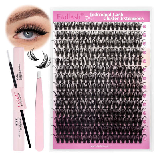 Picture of FADLASH DIY Lash Extension Kit Individual Lashes Cluster D Curl Eyelash Extension Kit with Lash Bond and Seal and Lash Applicator Tool for Self Application at Home (50D-0.07D-12-18MIX KIT)