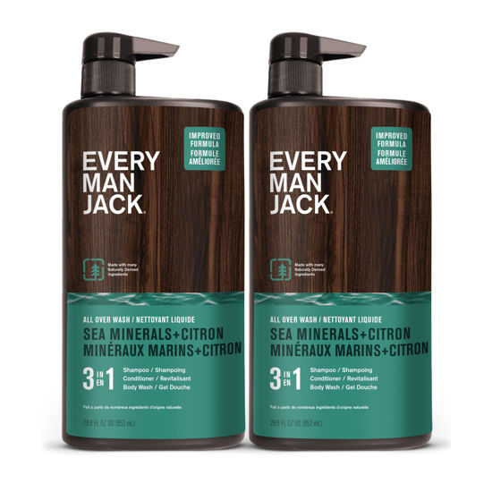 Picture of Every Man Jack Sea Minerals + Citron Hydrating Mens 3-in-1 All Over Wash for All Skin and Hair Types - Body Wash, Shampoo and Conditioner with Naturally Derived Ingredients - 28.8oz (2 Pack)