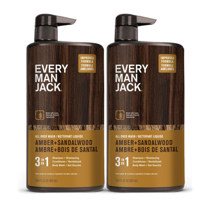 Picture of Every Man Jack Amber + Sandalwood Hydrating Mens 3-in-1 All Over Wash for All Skin and Hair Types - Body Wash, Shampoo and Conditioner with Naturally Derived Ingredients - 28.8oz (2 Pack)