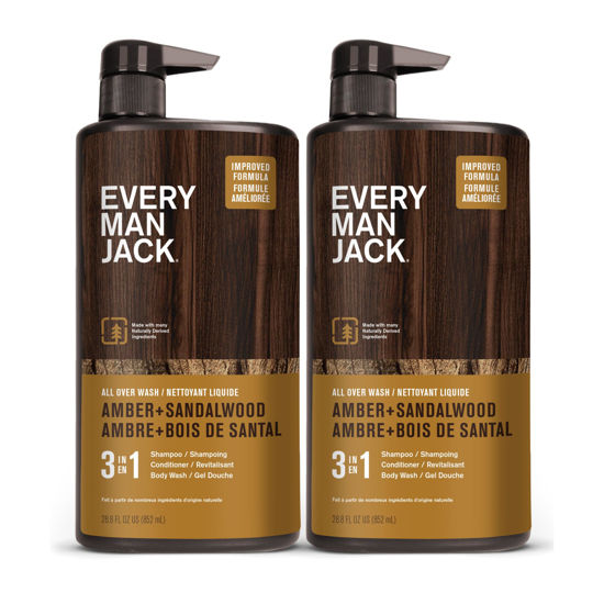 Picture of Every Man Jack Amber + Sandalwood Hydrating Mens 3-in-1 All Over Wash for All Skin and Hair Types - Body Wash, Shampoo and Conditioner with Naturally Derived Ingredients - 28.8oz (2 Pack)