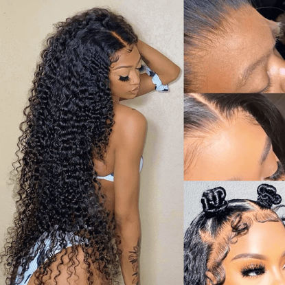 Picture of BEEOS 13x4 Full Frontal SKINLIKE Real HD Lace Wig, 0.10mm Ultra-thin HD Lace Curly Human Hair Wigs Pre Plucked Hairline Bleached Knots 180% Density Invisible Actual HD Lace Frontal Wig 18 Inch