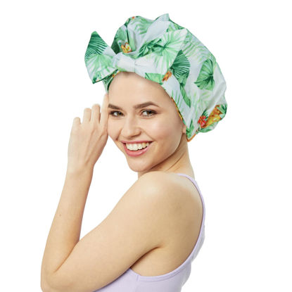 Picture of Luvruitaky Shower Cap Luxury Shower Caps for Women Reusable Waterproof Hair Cap for Shower with Adjustable Bowknot Hair Bath Cap (Pineapple Leaves)