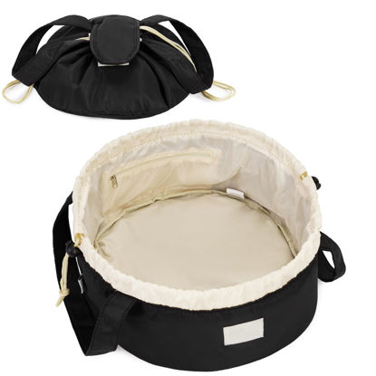 Picture of Barrel Drawstring Makeup Bag Large Cosmetic Bag Make up Bags Women and Girls Toiletry Organizer for Travel Toiletries Accessories Essentials (Black) (Patent)