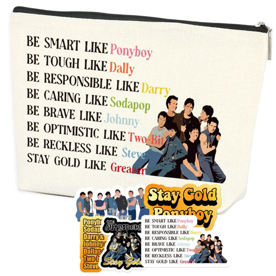 Picture of Azteoiz Fun Cosmetic Bag and 5 Stickers Keep Gold Pony-boy Gifts 80's Movie Out-siders Accessories Inspiration Birthday Christmas Gifts for Her Female Movie Lovers Be Smart Like Pony-boy Cosmetic Bag