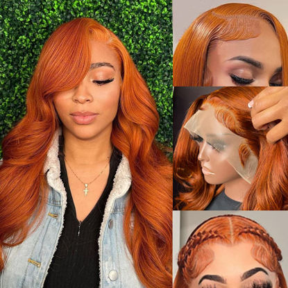 Picture of KeaBalo Ginger Orange Lace Front Wigs Human Hair Pre Plucked with Baby Hair Body Wave 13x4 HD Lace Frontal Wigs Human Hair Colored 180% Density Brazilian 88J Wigs for Women 20 Inch