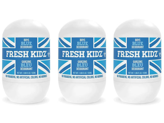 Picture of Fresh Kidz Roll On Deodorant for Kids and Teens - Baking Soda and Aluminum-free 24 Hour Protection for Sensitive Skin - Boys "Blue" 1.86 fl.oz. (3 Pack)