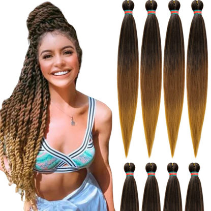 Picture of RUN SHUI Ombre Pre stretched Braiding Hair, 36 Inch 4 tones Kanekalon Braid Hair Extensions, 8 packs Multi Color blend braiding hair pre-stretched, Crochet Hair Braiding(36''-8packs, 1b/30/27)