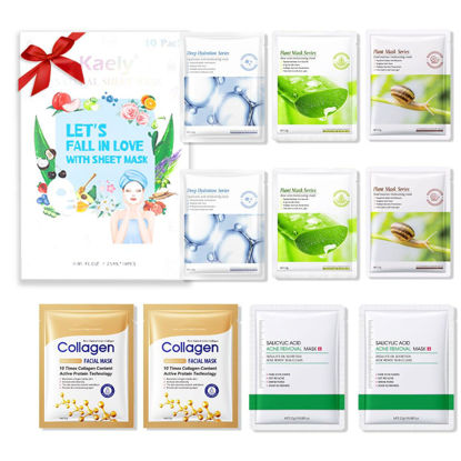 Picture of Kaely 10 Pack Variety Sheet Masks,Hydrating Smoothing Face Masks for Women Men,Facial Mask Skin Care Korean,Moisturize,Brighten,Nourish for All Skin Types,Birthday Christmas Gifts,Set10
