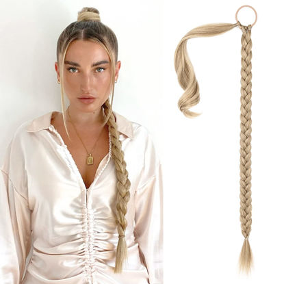 Picture of SEIKEA Long DIY Braided Ponytail Extension with Hair Tie Straight Wrap Around Hair Extensions Ponytail Natural Soft Hairpiece Blonde with Pale Gold Highlights 34 Inch (After Braided 30 Inch)