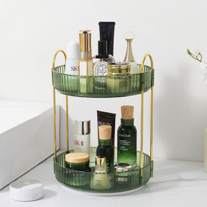 Picture of Rotating Makeup Organizer for Vanity, Perfume Skincare Lipstick Organizers for Bathroom Countertop, Clear Make up Storage for Dresser, Bathroom Cosmetics Organizer Storage 360 Spinning(2 Tier, Green)