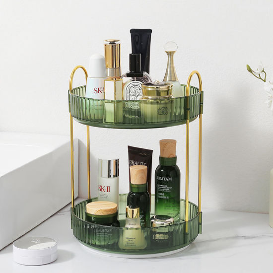 Picture of Rotating Makeup Organizer for Vanity, Perfume Skincare Lipstick Organizers for Bathroom Countertop, Clear Make up Storage for Dresser, Bathroom Cosmetics Organizer Storage 360 Spinning(2 Tier, Green)