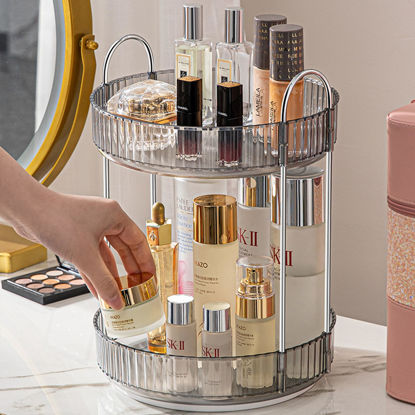 Picture of Aveniee 360 Rotating Makeup Organizer for Vanity, Skincare Perfume Organizers Large Capacity, Bathroom Countertop Organizer and Storage, Clear Cosmetics Lipstick Holder for dresser(2 Tiers, Grey)